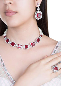 Red Stone Studded Necklace, Earrings And Ring Set In Geometric Design By Aster