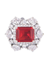 Red Stone Studded Necklace, Earrings And Ring Set In Geometric Design By Aster