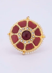 Red stone studded ring with moti highlight only on kalki