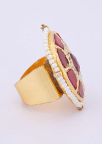 Red stone studded ring with moti highlight only on kalki