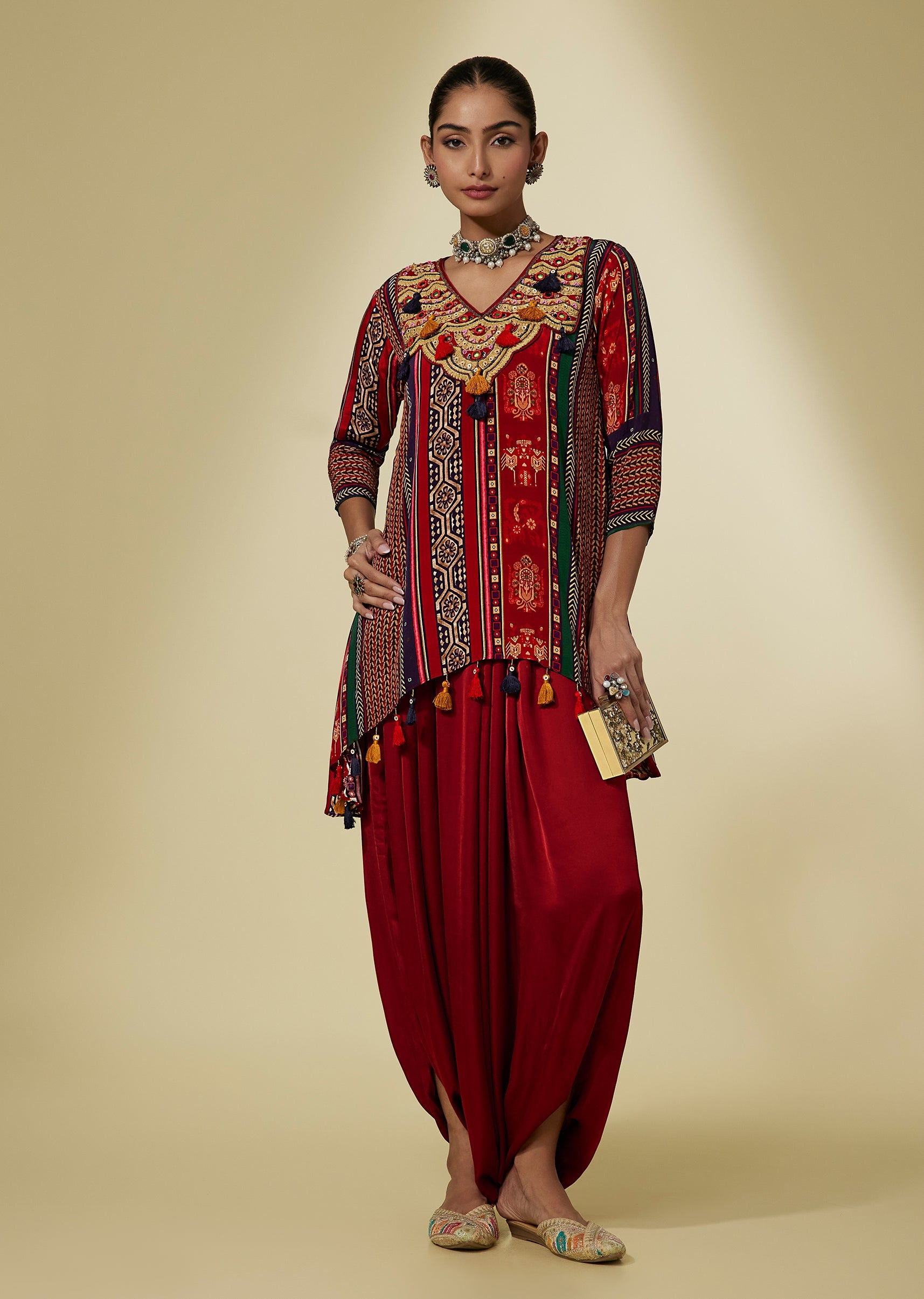 Red Striped Block Print Viscose Dhoti Set With Tassels