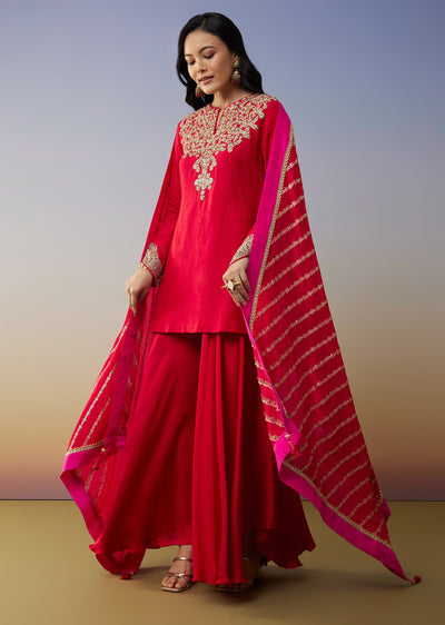 Red Viscose Satin Palazzo Suit with Zardosi Work