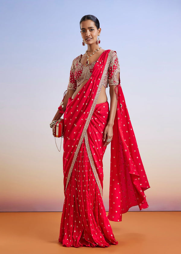 Red Zardosi Embroidered Ready Pleated Saree With Blouse
