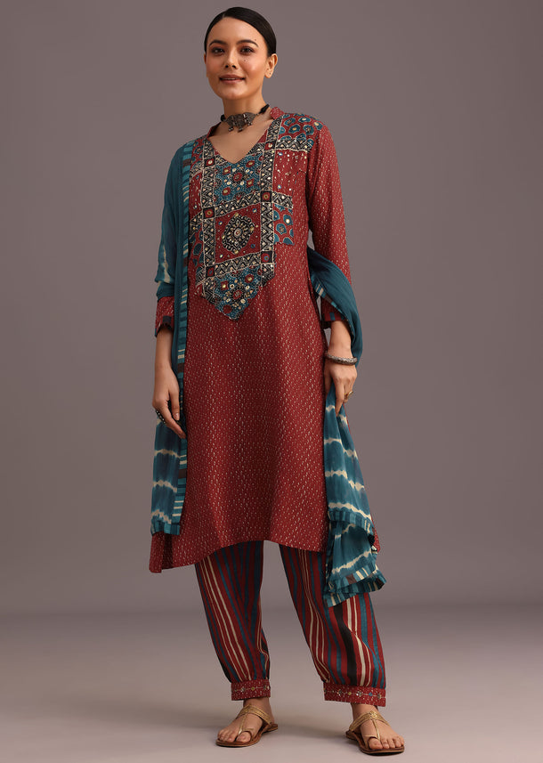 Red Ajrakh Printed Kurti With Stripe Print Salwar