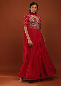 Rose Red Anarkali Suit In Georgette With Bandhani Sleeves And Multi Colored Thread Work