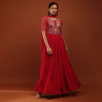 Rose Red Anarkali Suit In Georgette With Bandhani Sleeves And Multi Colored Thread Work