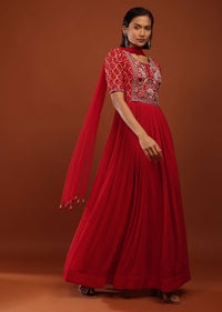 Rose Red Anarkali Suit In Georgette With Bandhani Sleeves And Multi Colored Thread Work