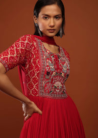 Rose Red Anarkali Suit In Georgette With Bandhani Sleeves And Multi Colored Thread Work