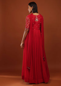 Rose Red Anarkali Suit In Georgette With Bandhani Sleeves And Multi Colored Thread Work