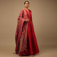 Red Anarkali Suit In Raw Silk With Hand Embroidery And A Brocade Dupatta Enhanced With Bandhani