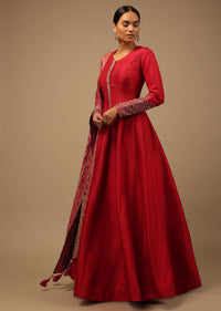 Red Anarkali Suit In Raw Silk With Hand Embroidery And A Brocade Dupatta Enhanced With Bandhani