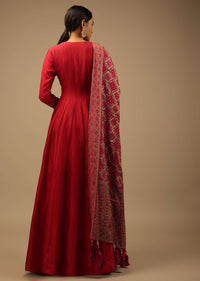 Red Anarkali Suit In Raw Silk With Hand Embroidery And A Brocade Dupatta Enhanced With Bandhani