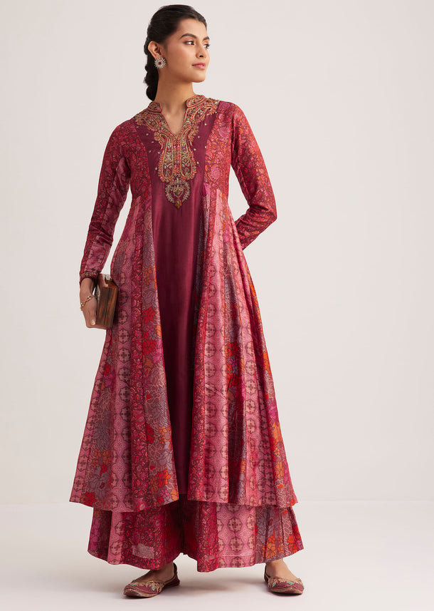 Red and Dark pink Silk Palazzo Set With Indie Print