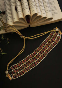 Red And Gold Choker Necklace With Four Rows Of Pearls And Hexagon Shaped Red Stones By Paisley Pop