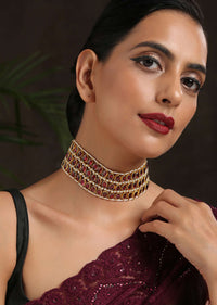 Red And Gold Choker Necklace With Four Rows Of Pearls And Hexagon Shaped Red Stones By Paisley Pop