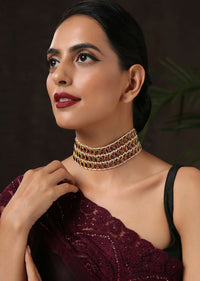 Red And Gold Choker Necklace With Four Rows Of Pearls And Hexagon Shaped Red Stones By Paisley Pop