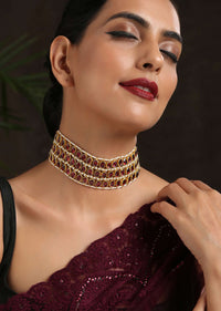 Red And Gold Choker Necklace With Four Rows Of Pearls And Hexagon Shaped Red Stones By Paisley Pop
