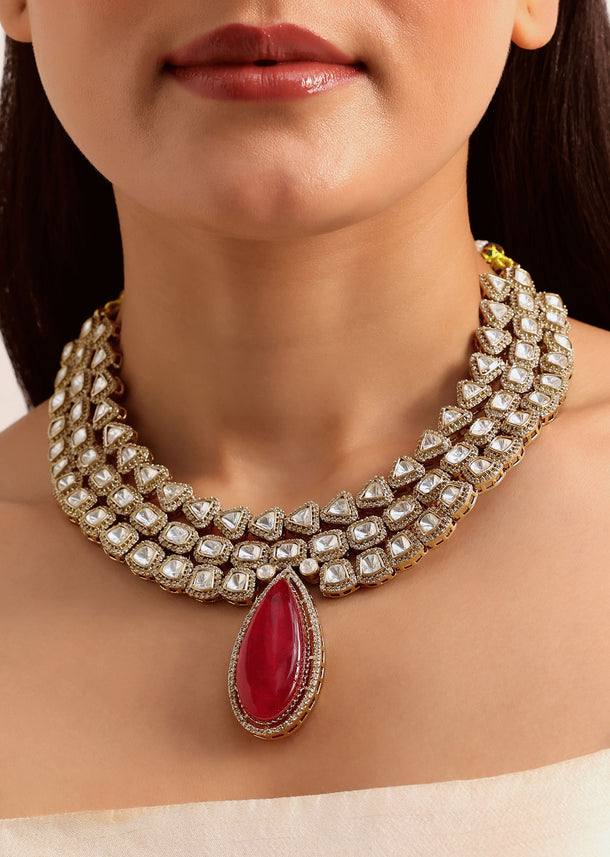 Red And Gold Mix Metal Kundan Victorian Necklace Set