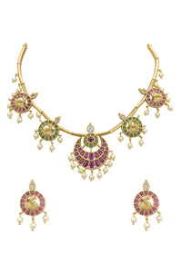 Red And Gold Rajwadi Style Kada Bangle With Enamel Detail And Pendant Drops