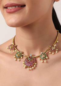 Red And Gold Rajwadi Style Kada Bangle With Enamel Detail And Pendant Drops