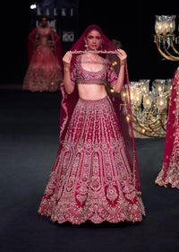 Red Raw Silk Lehenga Set With Cutout Back Velvet Blouse