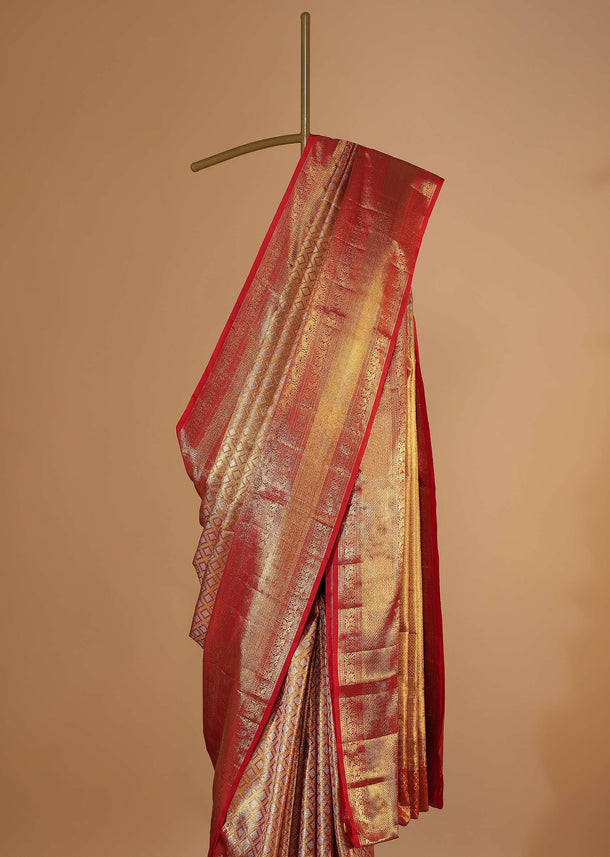 Fiery Red Gold-Toned Kanjivaram Saree In Tissue Silk With 14GM Real Zari Weave And Unstitched Blouse