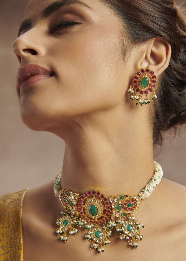 Red And Green Kundan Choker Set In 22K Gold Plated Silver Alloy