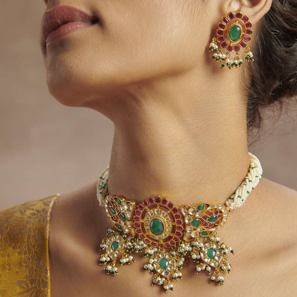 Red And Green Kundan Choker Set In 22K Gold Plated Silver Alloy