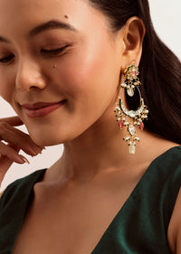 Red And Green Kundan Chandbali Earrings In Mix Metal