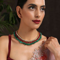 Red And Green Stones Embellished Collar Necklace With Kundan String By Paisley Pop