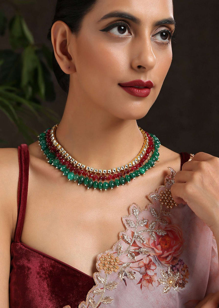 Red And Green Stones Embellished Collar Necklace With Kundan String By Paisley Pop