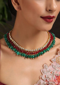 Red And Green Stones Embellished Collar Necklace With Kundan String By Paisley Pop