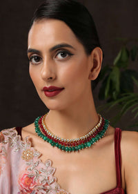 Red And Green Stones Embellished Collar Necklace With Kundan String By Paisley Pop