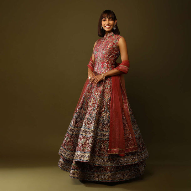 Red And Maroon Jacket Lehenga In Raw Silk With Floral Print And Mirror Work Online - Kalki Fashion