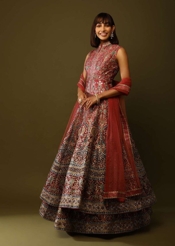 Red And Maroon Jacket Lehenga In Raw Silk With Floral Print And Mirror Work Online - Kalki Fashion