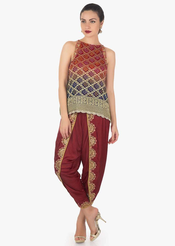 Red and navy blue georgette top with red dhoti pants only on Kalki