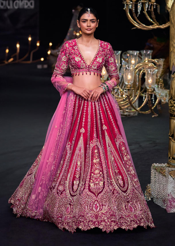 Red Raw Silk Cutdana Lehenga Set With Trail Dupatta