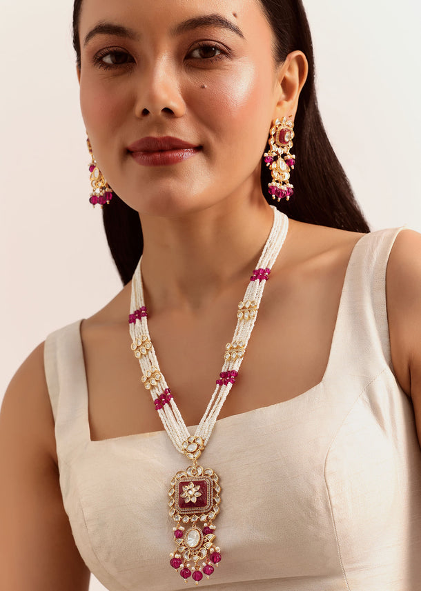 Red And White Mix Metal Kundan Necklace Set