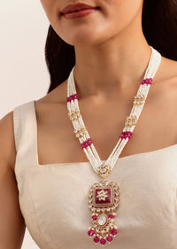 Red And White Mix Metal Kundan Necklace Set