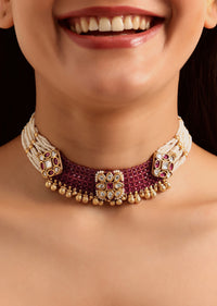 Red And White Temple Jewellery Choker Set In Mix Metal