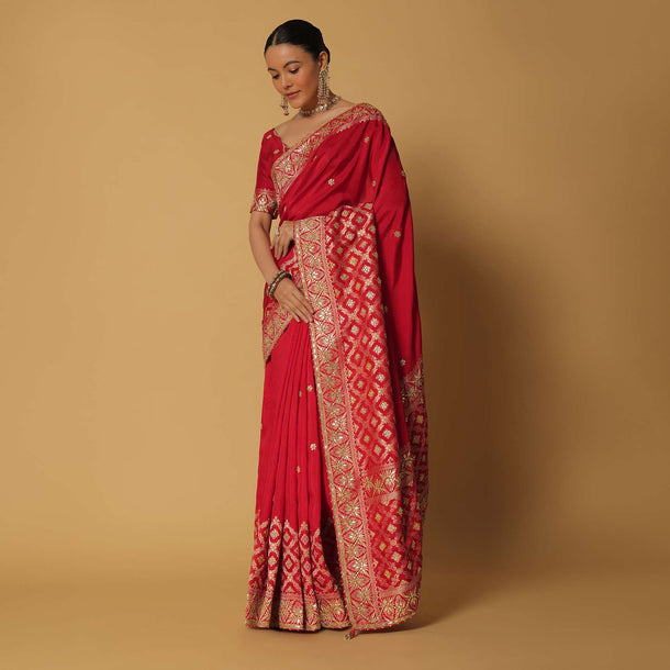 Red Banarasi Bandhani Weave Saree With Unstitched Blouse Fabric