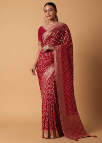 Red Banarasi Georgette Saree With Bandhani Weave And Unstitched Blouse Piece