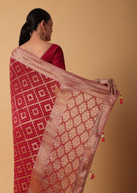 Red Banarasi Georgette Saree With Bandhani Weave And Unstitched Blouse Piece