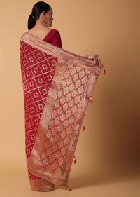 Red Banarasi Georgette Saree With Bandhani Weave And Unstitched Blouse Piece