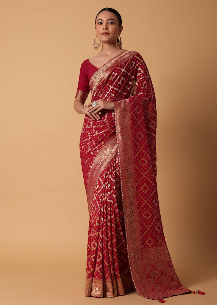 Red Banarasi Georgette Saree With Bandhani Weave And Unstitched Blouse Piece