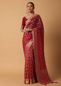 Red Banarasi Georgette Saree With Bandhani Weave And Unstitched Blouse Piece