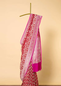 Red Banarasi Khaddi Saree With Floral Zari Jaal All Over