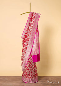 Red Banarasi Khaddi Saree With Floral Zari Jaal All Over