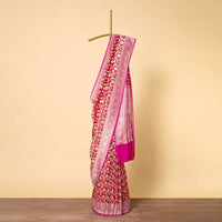 Red Banarasi Khaddi Saree With Floral Zari Jaal All Over