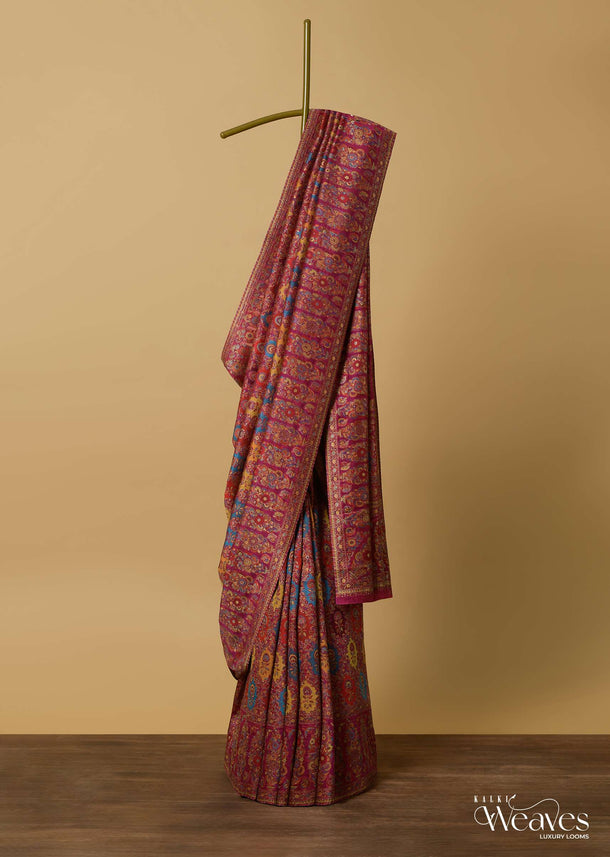 Red Banarasi Pashmina Saree And Unstitched Blouse Piece